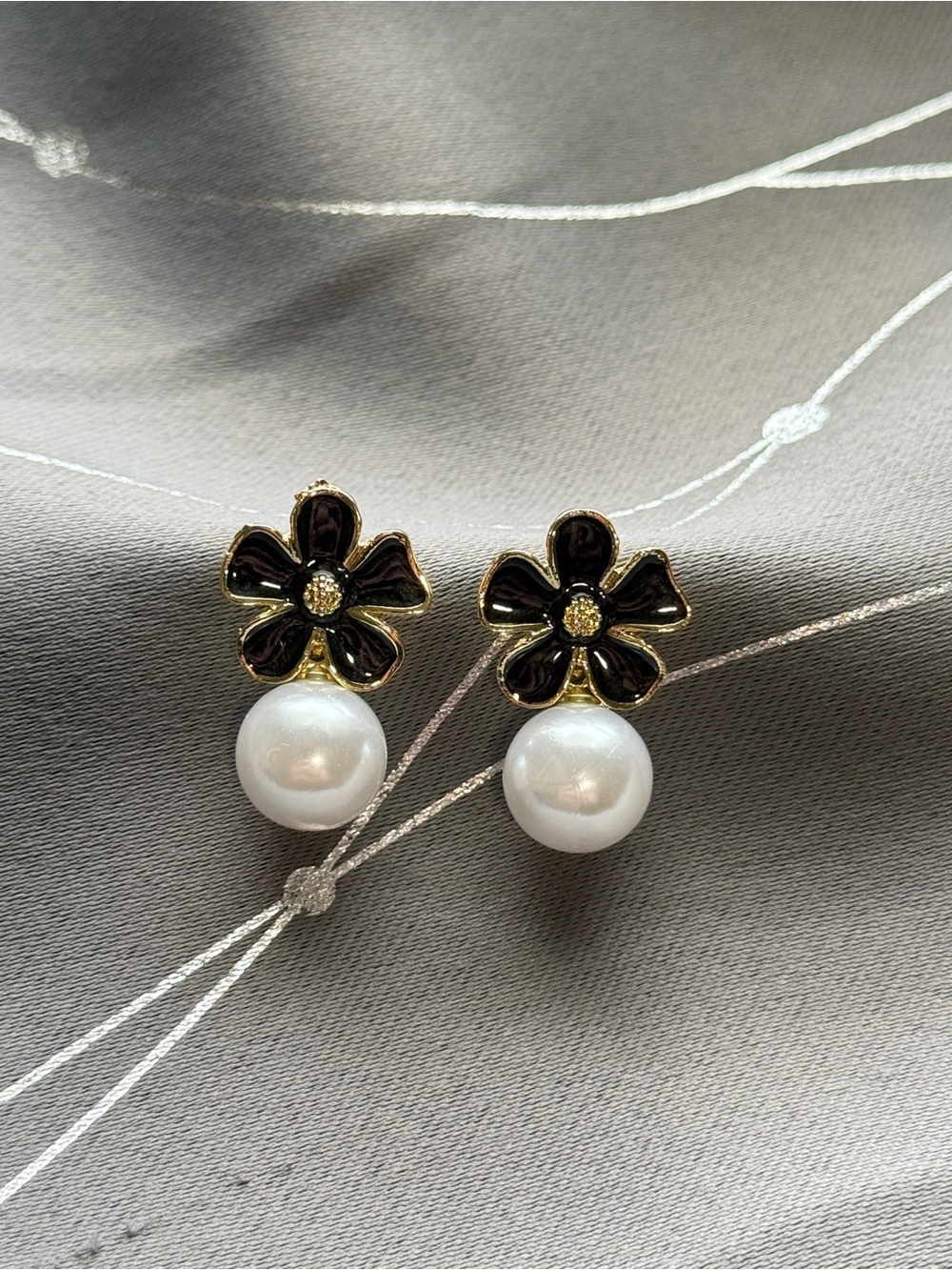 Elegant Floral Black and Gold Enamel Flower & Pearl Drop Earrings